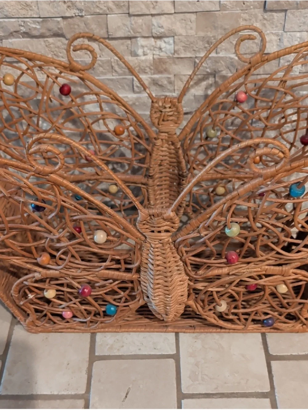VTG Rare Wood Rattan Bamboo Butterfly Beaded Magazine Rack Holder MCM BOHO